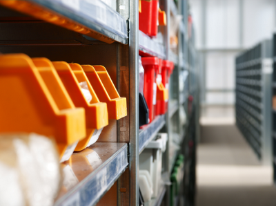 Boxes and bins on a shelves in a warehouse.